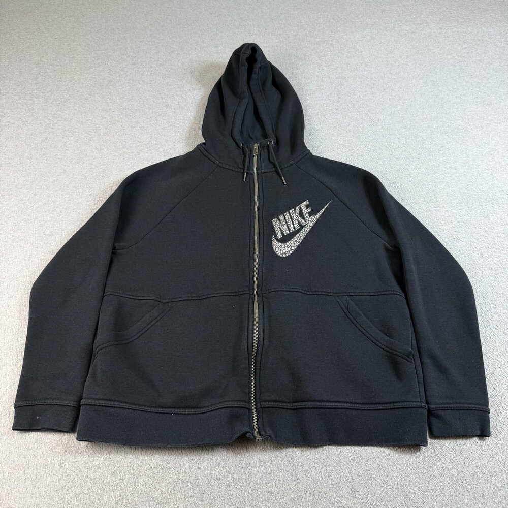 Nike Hoodie Women XL Black Full Zip Fleece Sweatshirt Swoosh Logo Glitter Jacket